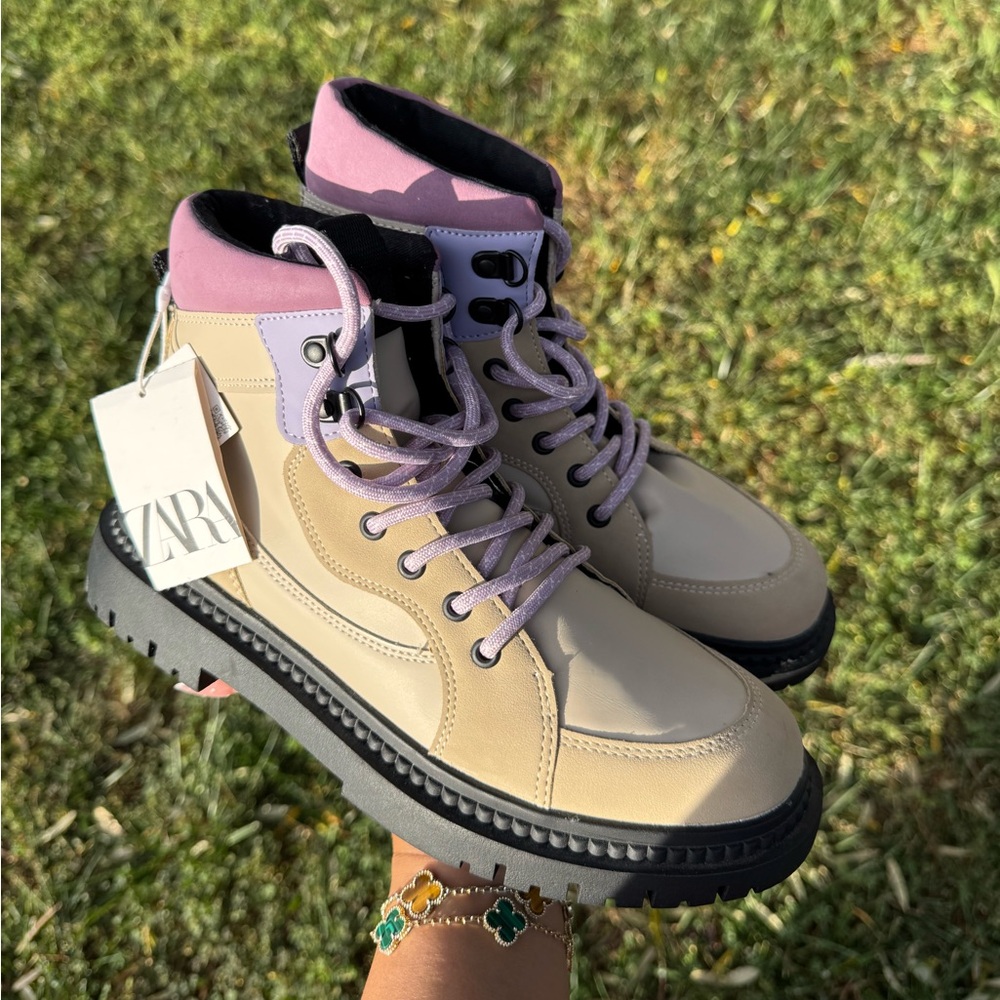 ZARA Beige and Lavender Lace-Up Women's Boots